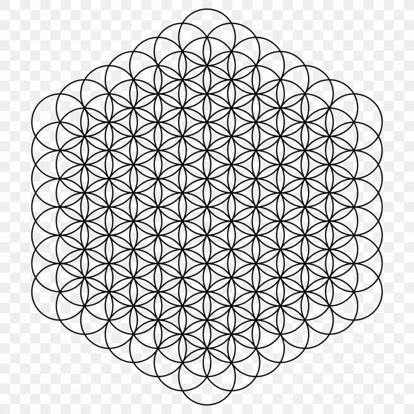 Overlapping Circles Grid Metatron's Cube Sacred Geometry Pattern, PNG, 1000x1000px, Overlapping Circles Grid, Area, Black And White, Drawing, Flower Download Free