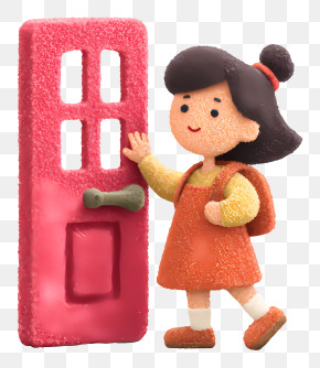 Girl Opening Door - Girl With Red Door In Cartoon Style PNG