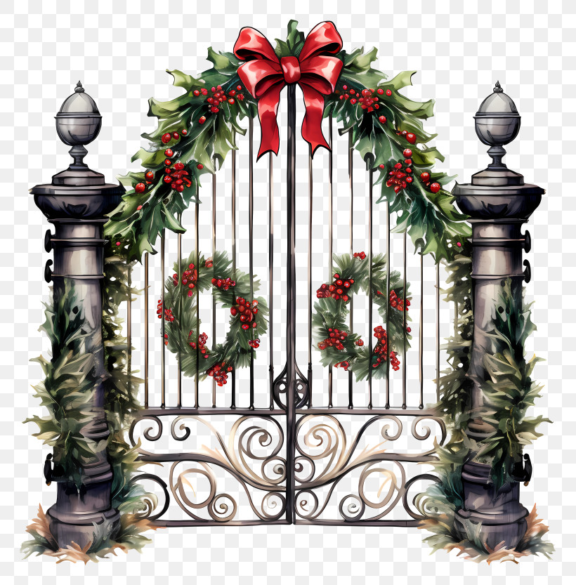 Wrought Iron Gate - Elegant Christmas Gate With Wreaths And Bow PNG
