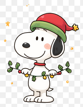Snoopy Holding Christmas Garland - Snoopy With Christmas Hat And Garland PNG