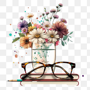 World Teachers Day - Flowers In Vase With Glasses And Books PNG