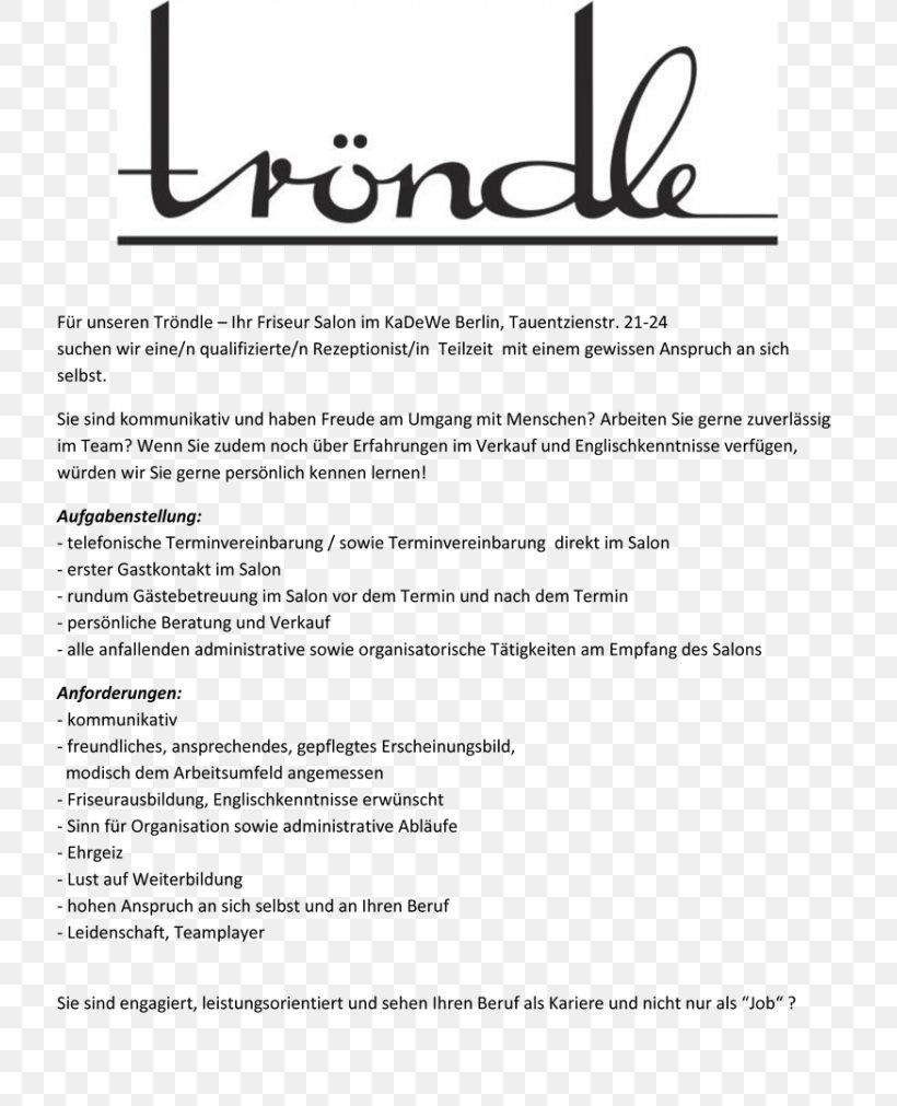 Stellenausschreibung Receptionist Curriculum Vitae Idea Résumé, PNG, 750x1011px, Stellenausschreibung, Adibide, Area, Black And White, Cover Letter Download Free