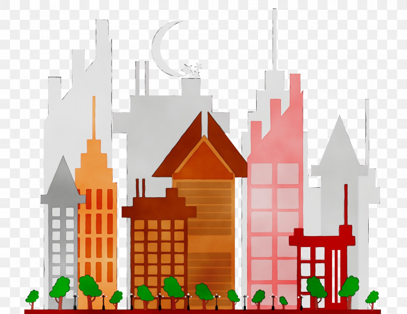 Skyscraper Building Vector City Painting, PNG, 1862x1440px, Watercolor, Building, City, Moon, Paint Download Free