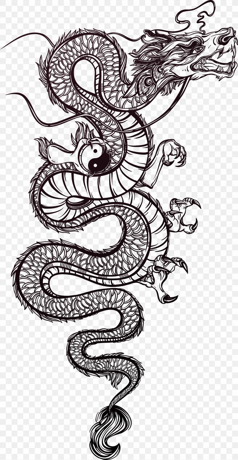 Chinese Dragon Tattoo Illustration, PNG, 3465x6681px, Watercolor, Cartoon,  Flower, Frame, Heart Download Free