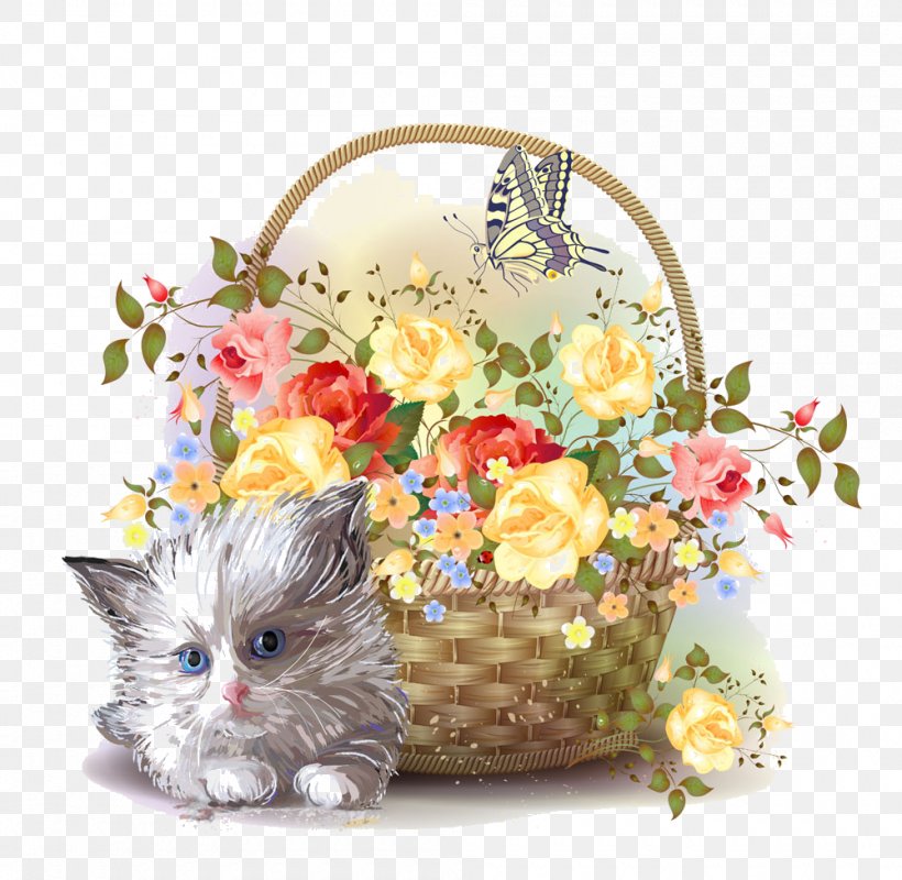 Kitten Basket Flower Clip Art, PNG, 1000x976px, Kitten, Basket, Cat, Cat Like Mammal, Cut Flowers Download Free