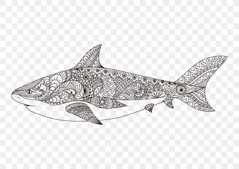 Shark Coloring Book Drawing Line Art Mandala, PNG, 842x595px, Shark, Adult, Art, Black And White, Cartilaginous Fish Download Free