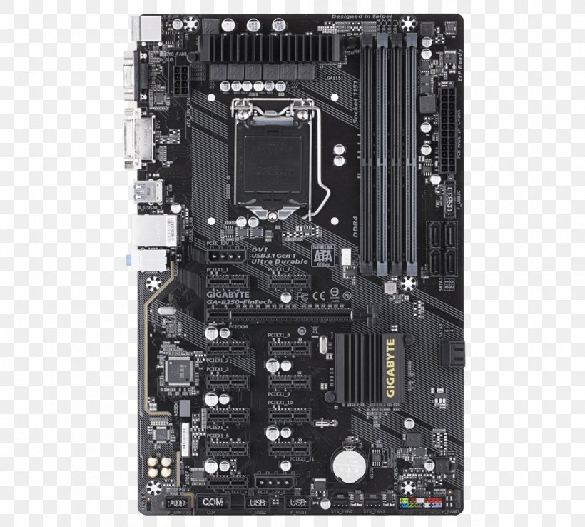 GIGABYTE GA-B250-FINTECH LGA1151/ Intel B250/ DDR4/ SATA3&USB3.1/ A&Gb Motherboard LGA 1151 GIGABYTE B250-FINTECH Mining, PNG, 1000x900px, Intel, Atx, Chipset, Computer Accessory, Computer Component Download Free