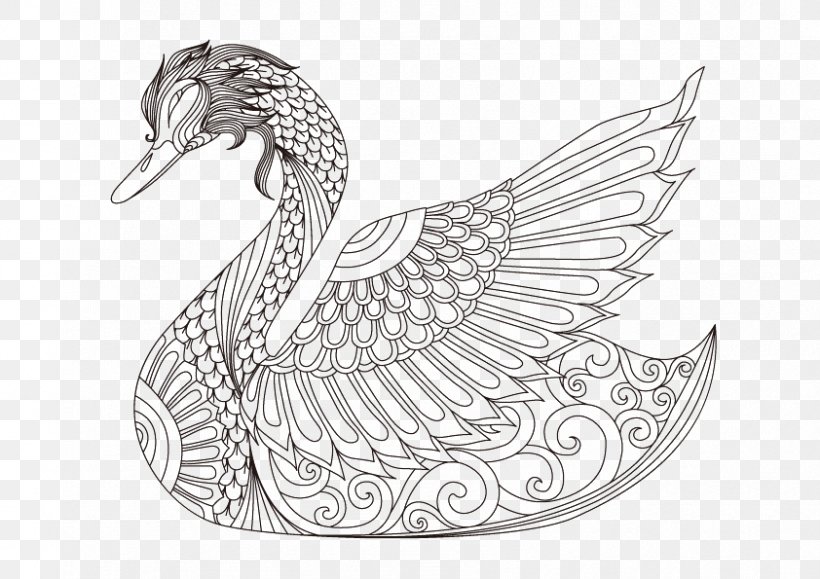 Cygnini Goose Drawing Coloring Book, PNG, 842x595px, Cygnini, Adult, Art, Bird, Black And White Download Free