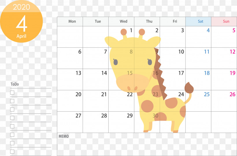 April 2020 Calendar April Calendar 2020 Calendar, PNG, 3000x1982px, 2020 Calendar, April 2020 Calendar, April Calendar, Diagram, Giraffidae Download Free