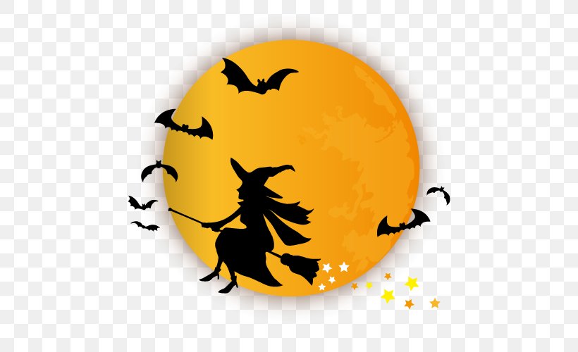 Halloween Full Moon And Witch Illustration., PNG, 500x500px, Halloween, Autumn, Calabaza, Full Moon, Insect Download Free