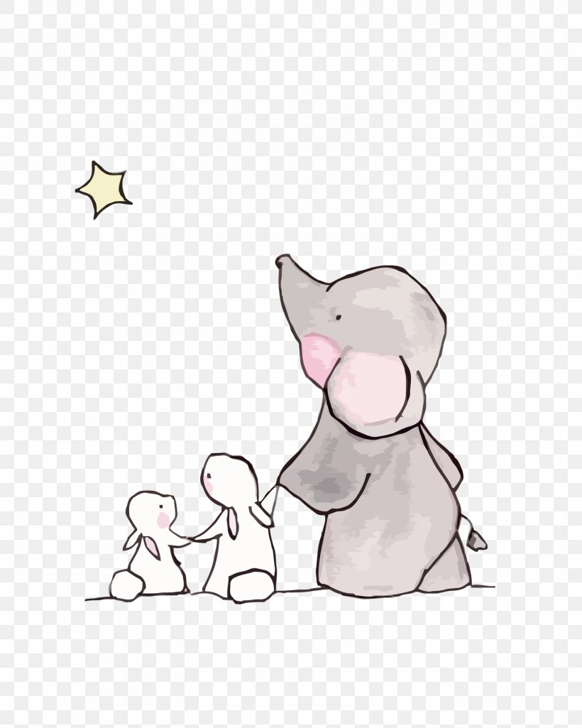 Elephant Rabbit Drawing Child, PNG, 1500x1875px, Watercolor, Cartoon, Flower, Frame, Heart Download Free
