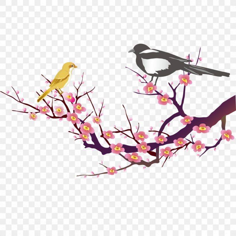 Vector Graphics Clip Art Eurasian Magpie Image Design, PNG, 1000x1000px, Eurasian Magpie, Beak, Bird, Branch, Cherry Blossom Download Free