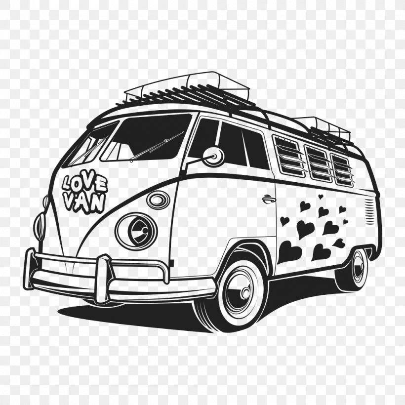 Van Car Volkswagen Type 2 Illustration, PNG, 1000x1000px, Van, Art, Automotive Design, Black And White, Brand Download Free