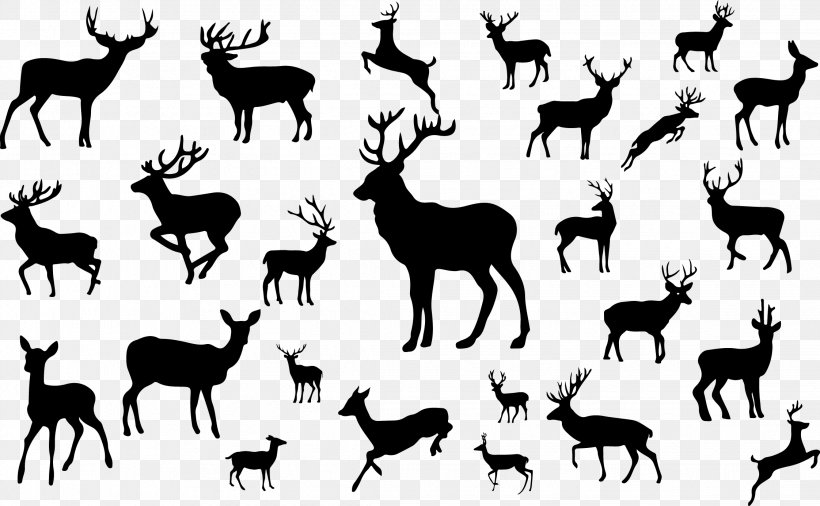 Reindeer Silhouette, PNG, 2244x1387px, Deer, Animal, Antler, Black And White, Cartoon Download Free
