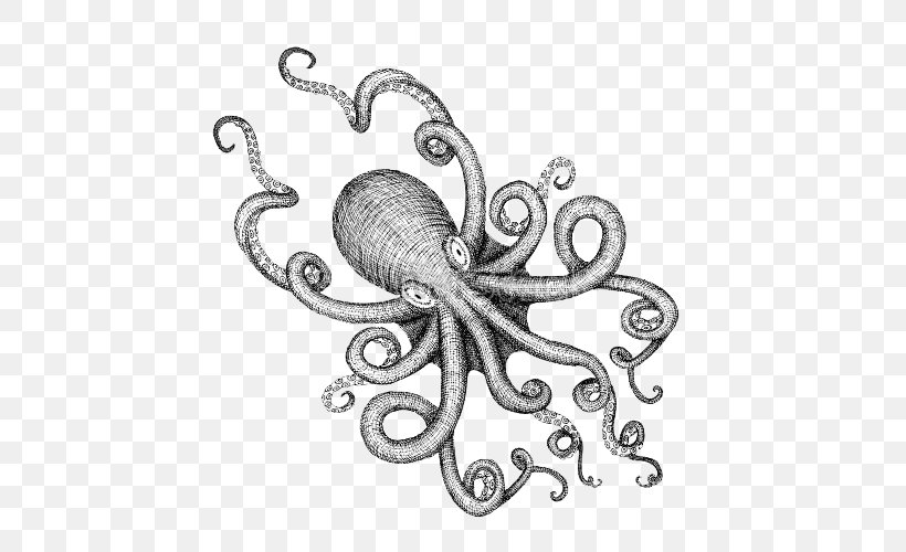 Octopus Drawing Sea Monster Illustration, PNG, 500x500px, Octopus, Artwork, Black And White, Body Jewelry, Cephalopod Download Free