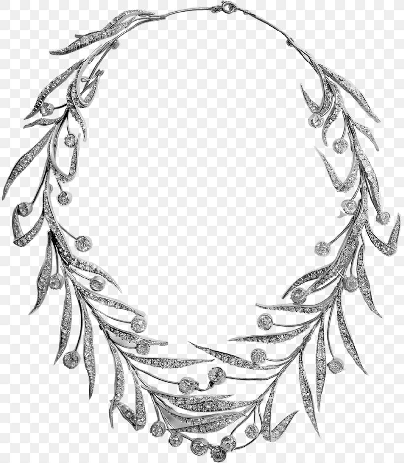 Necklace Chaumet Jewellery Bay Laurel Tiara, PNG, 812x941px, Necklace, Artwork, Bay Laurel, Bay Leaf, Black And White Download Free