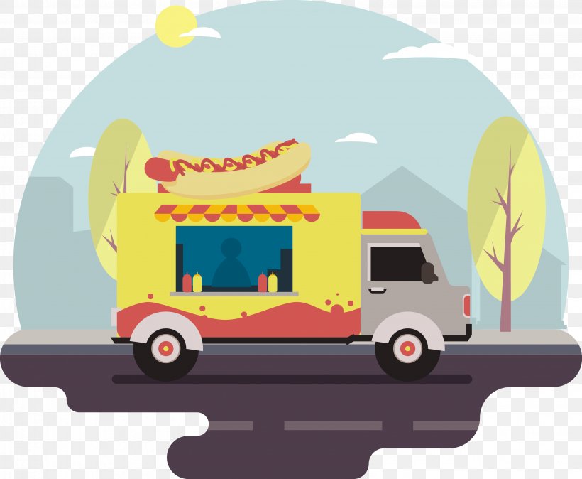 Hot Dog Cart Hamburger Illustration, PNG, 3166x2605px, Hot Dog, Brand, Bread, Car, Flat Design Download Free