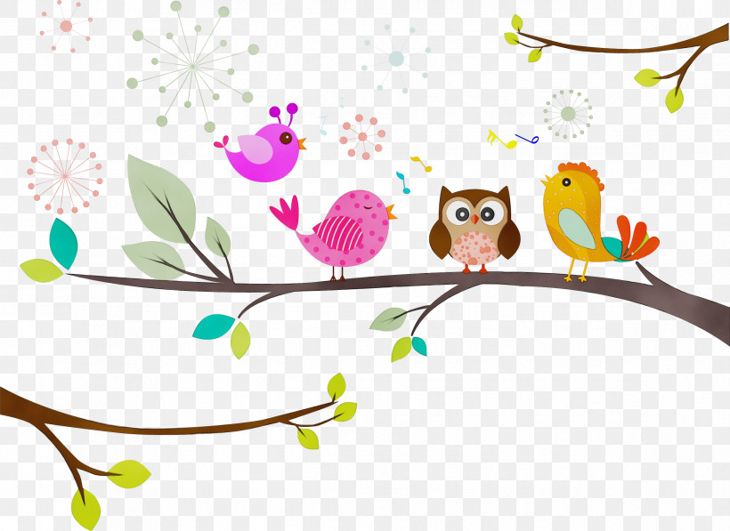 Branch Owl Bird Plant Bird Of Prey, PNG, 2371x1727px, Watercolor, Bird, Bird Of Prey, Branch, Owl Download Free