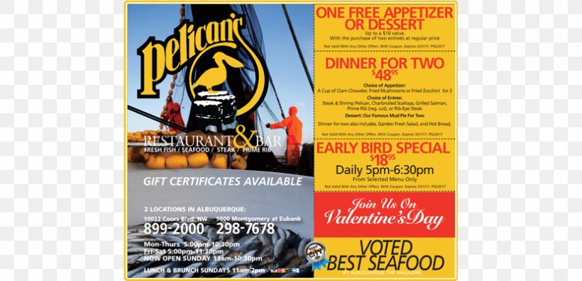 Pelican's Restaurant Coupon Flyer, PNG, 829x402px, Restaurant, Advertising, Albuquerque, Author, Bar Download Free