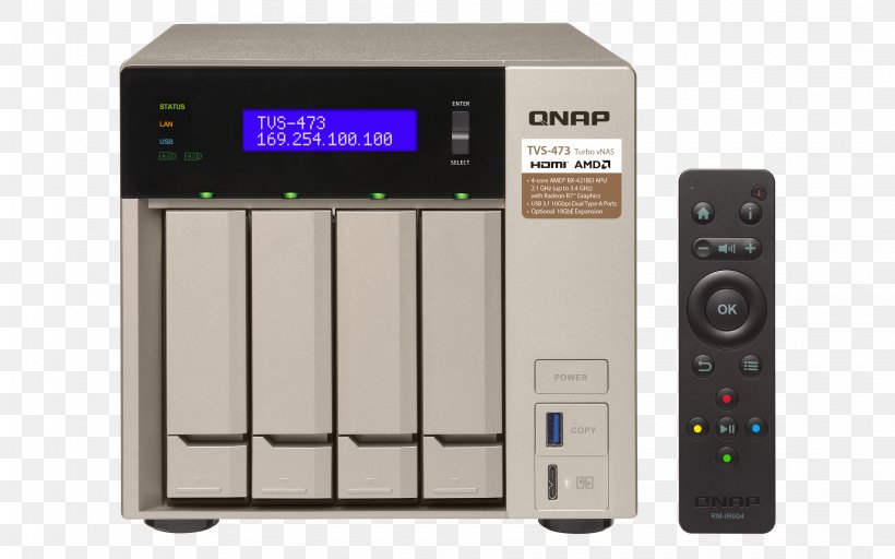 QNAP TVS-473 4-Bay Diskless NAS Server, PNG, 4500x2813px, Network Storage Systems, Accelerated Processing Unit, Advanced Micro Devices, Amd Accelerated Processing Unit, Audio Receiver Download Free