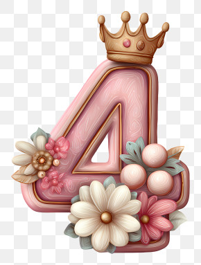 Birthday 4 - Pink Floral Number 4 With Crown PNG