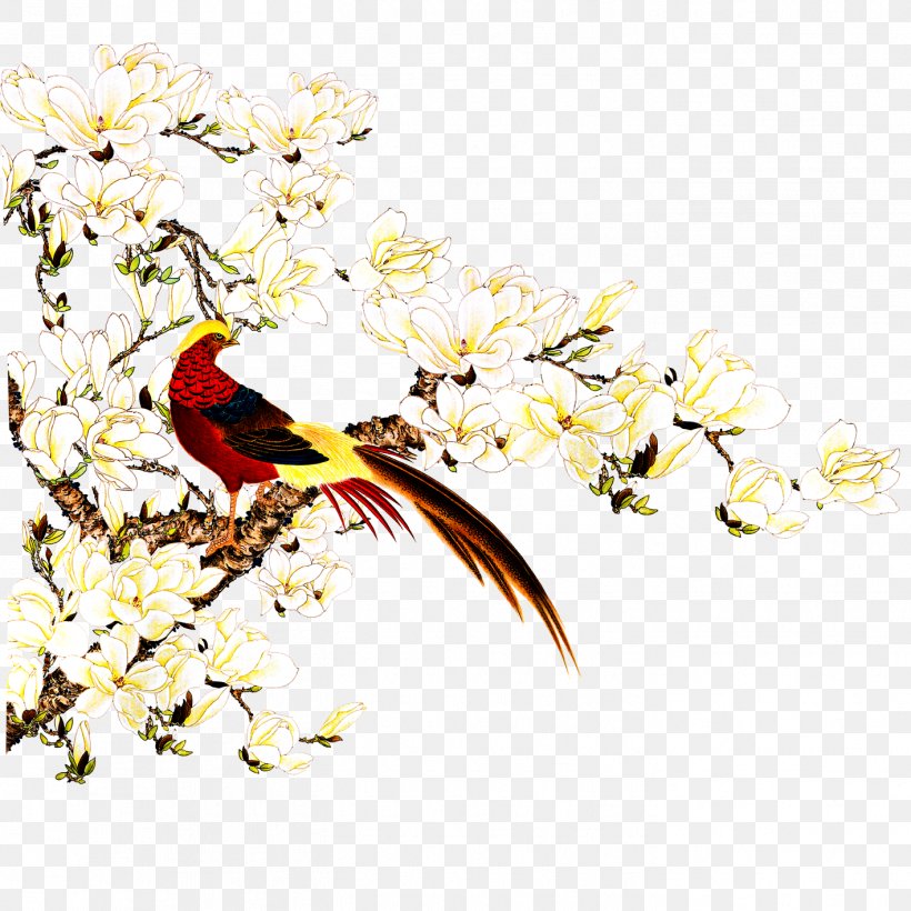 Bird-and-flower Painting Shan Shui Wall Mural, PNG, 1417x1417px, Bird, Beak, Bird And Flower Painting, Blossom, Branch Download Free