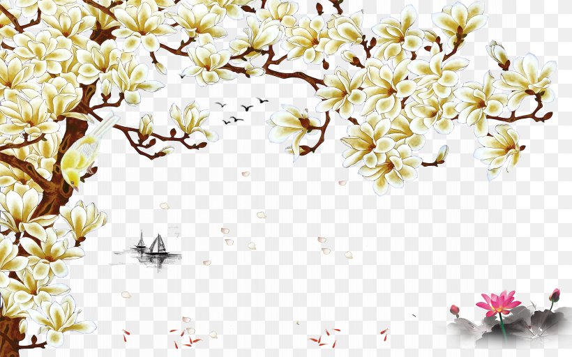 Paper Wall Painting Wallpaper, PNG, 9071x5669px, Paper, Art, Blossom, Branch, Cherry Blossom Download Free