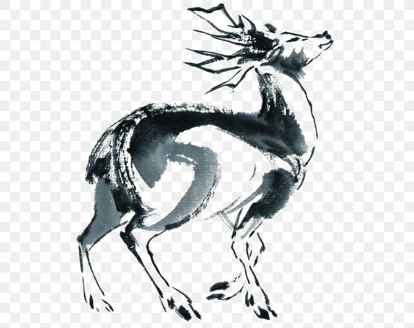 Deer Black And White Ink Wash Painting Chinese Painting, PNG, 537x650px, Deer, Art, Black And White, Canidae, Carnivoran Download Free