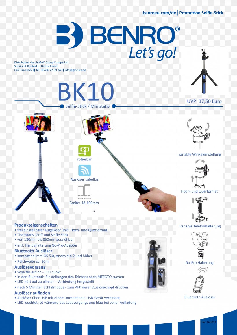 Benro BK10 Mini Tripod And Selfie Stick Monopod, PNG, 2480x3508px, Tripod, Benro, Camera, Gopro, Mobile Phones Download Free