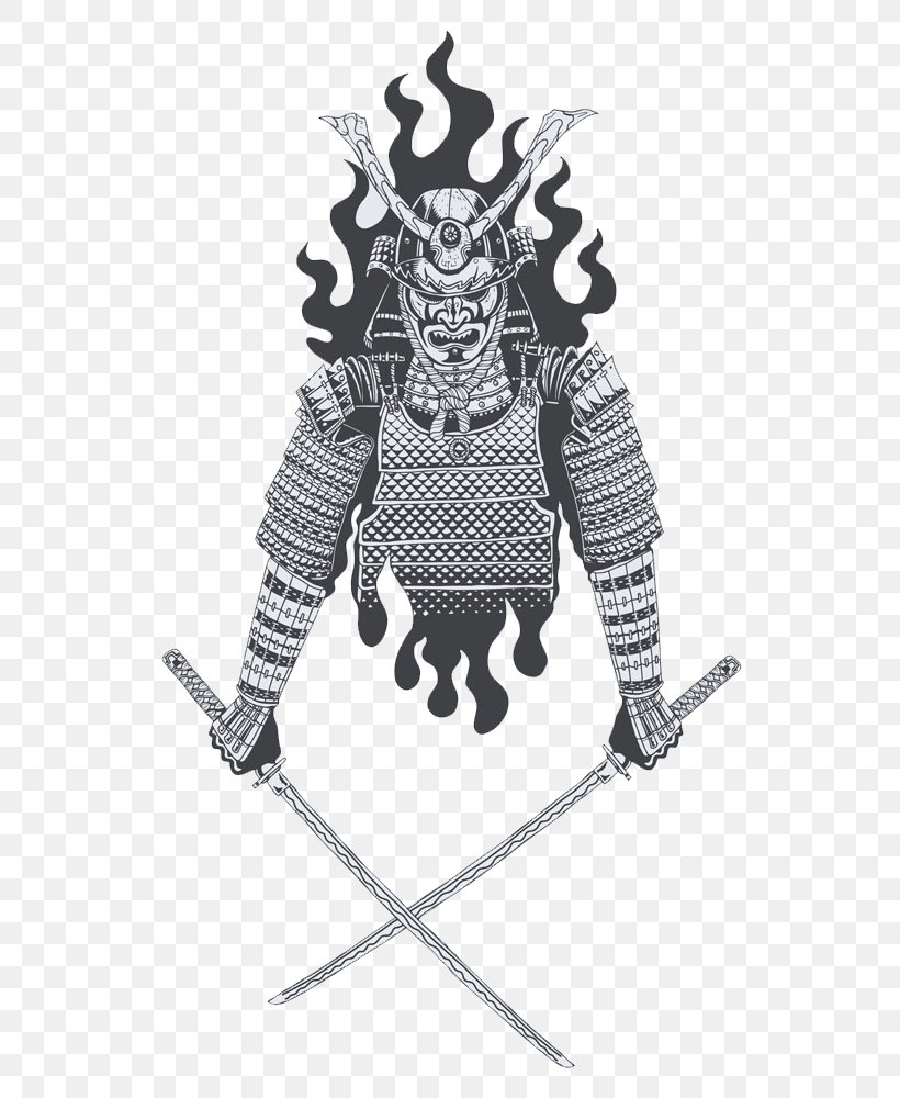 Samurai Katana Sword Japanese Armour Illustration, PNG, 613x1000px, Samurai, Armour, Art, Black And White, Japanese Armour Download Free