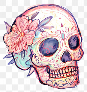 Skull With Colorful Decorations - Colorfully Decorated Skull For Day Of The Dead PNG