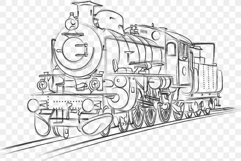 Train Rail Transport Locomotive Sketch, PNG, 2318x1552px, Train, Artwork, Auto Part, Black And White, Drawing Download Free