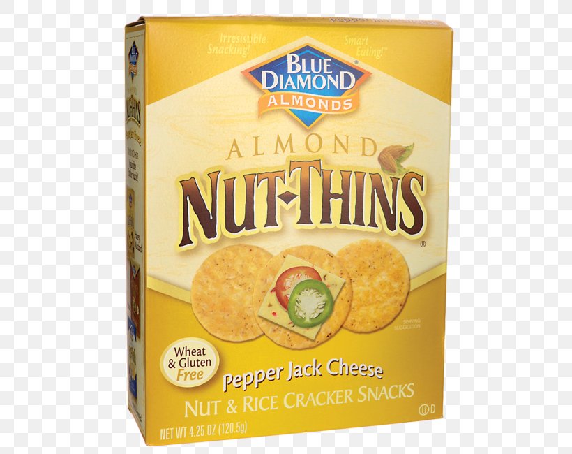 Food Snack Vegetarian Cuisine Nut-Thins 12/4.25oz Blue Diamond Pepper Jack Cheese Nut Thin Crackers, 4.25 Oz (Pack Of 12), PNG, 650x650px, Food, Almond, Blue Diamond Growers, Convenience Food, Cracker Download Free