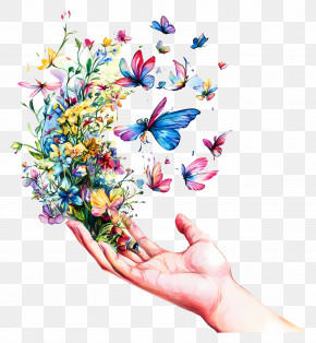 Butterfly Hand - Hand Releasing Butterflies And Flowers PNG
