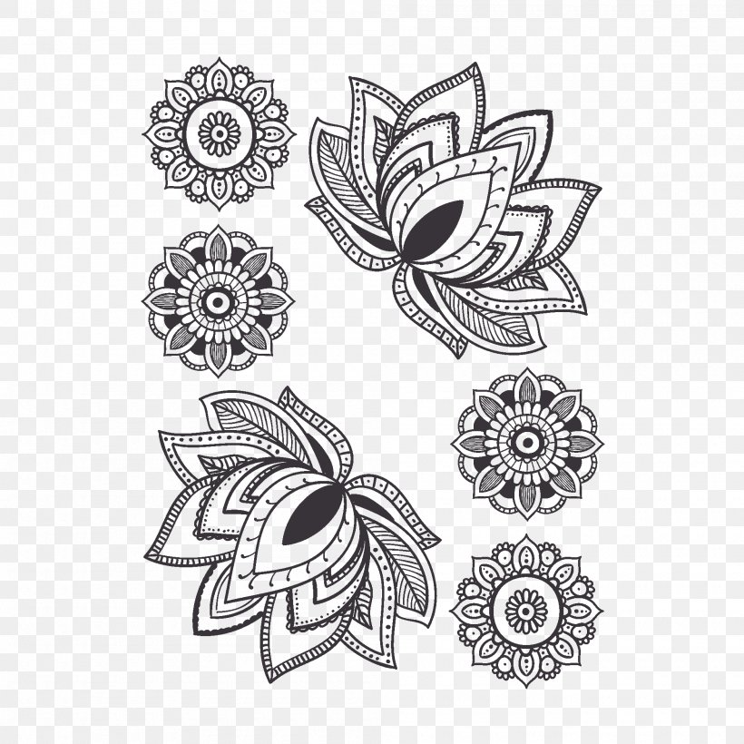 Mandala Water Lily Tattoo Flower Drawing, PNG, 2000x2000px, Mandala, Abziehtattoo, Black And White, Black White, Cut Flowers Download Free