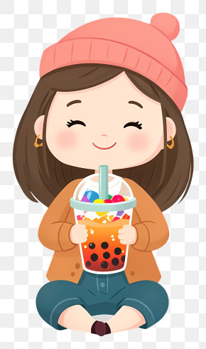 Happy Girl Sipping Bubble Tea PNG