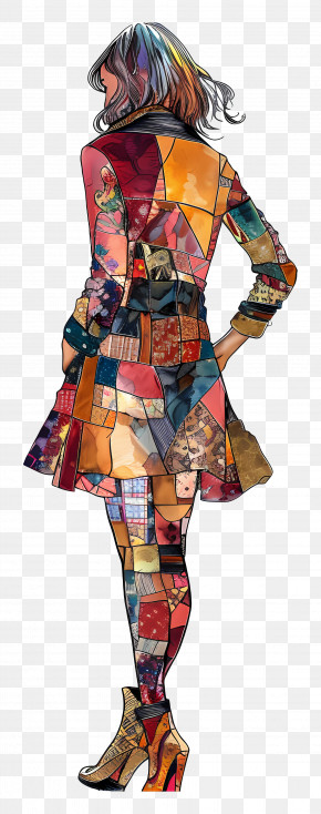 Fashion Woman - Colorful Patchwork Dress Illustration PNG