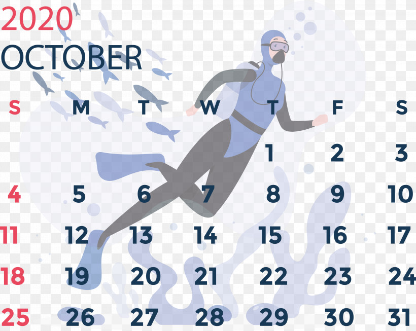 October 2020 Calendar October 2020 Printable Calendar, PNG, 3000x2392px, October 2020 Calendar, Flat Design, October 2020 Printable Calendar, Underwater Diving Download Free