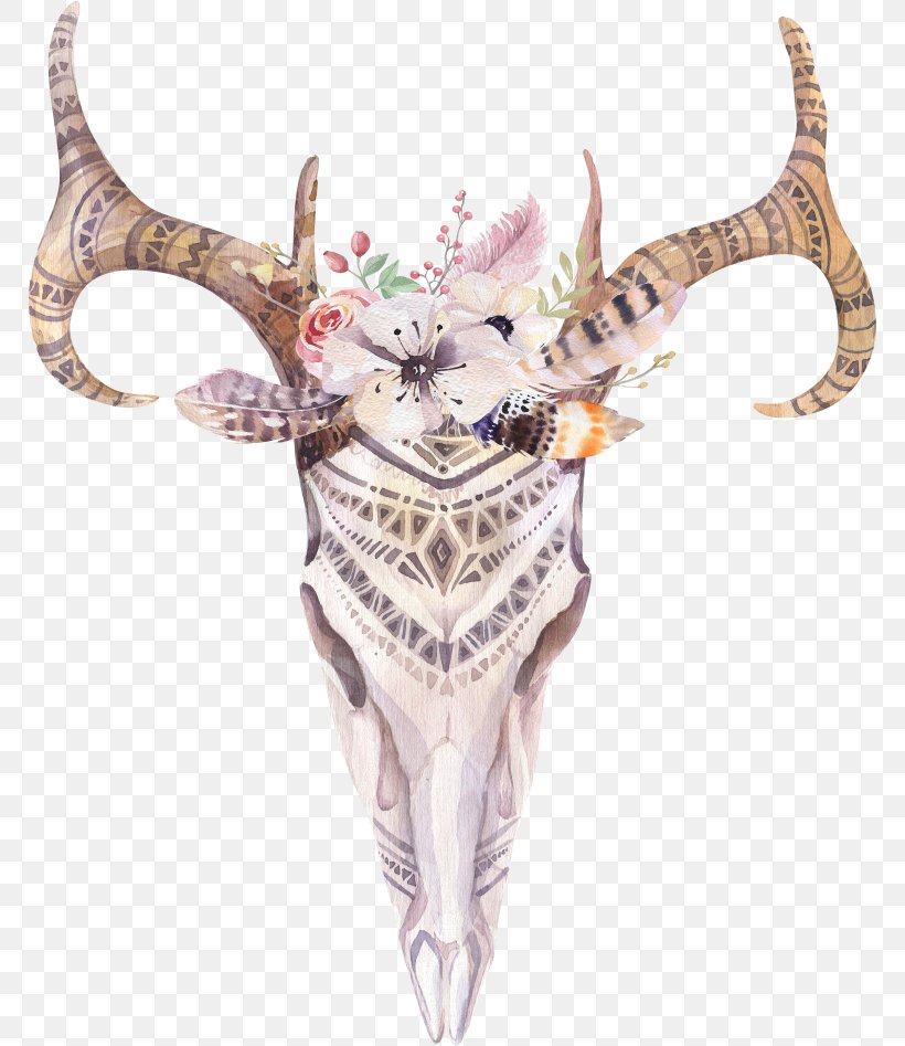 Cattle Cow's Skull: Red, White, And Blue Boho-chic Watercolor Painting, PNG, 768x947px, Cattle, Antler, Art, Bohemianism, Bohochic Download Free