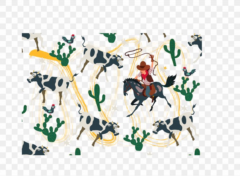 Cattle Textile Illustration, PNG, 4873x3577px, Cattle, Art, Cactaceae, Dairy Cattle, Designer Download Free