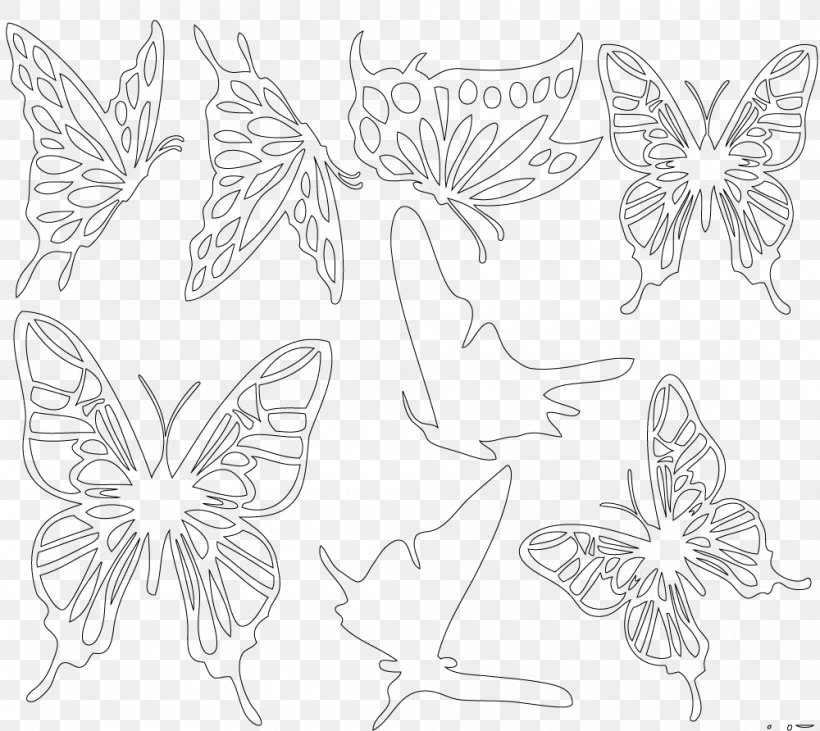 Butterfly White Line Art Black Pattern, PNG, 1000x892px, Butterfly, Area, Black, Black And White, Drawing Download Free