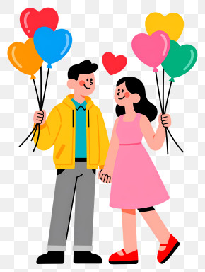 Cartoon Valentine Couple - Couple Holding Heart Balloons PNG