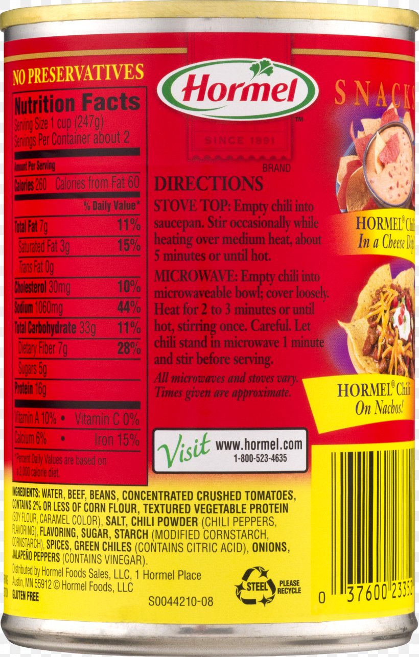 Chili Con Carne Nutrition Facts Label Bean Hormel Wolf Brand Chili, PNG ...
