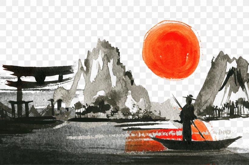 Japanese Landscape Sunset Watercolor Painting Landscape Painting, PNG, 2500x1667px, Japanese Landscape, Advertising, Brand, Gratis, Landscape Download Free