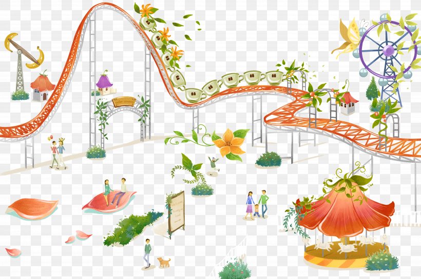 Amusement Park Roller Coaster Illustration, PNG, 4992x3320px, Amusement Park, Cartoon, Entertainment, Ferris Wheel, Flower Download Free