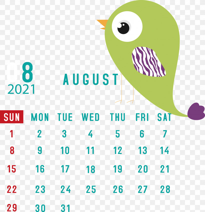 August 2021 Calendar August Calendar 2021 Calendar, PNG, 2899x3000px, 2021 Calendar, Beak, Green, Line, Logo Download Free