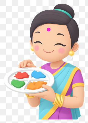 Indian Woman Holding Color Plate - Smiling Woman Holding Holi Colors PNG