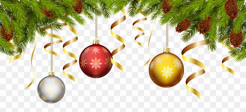 Christmas Balls With Pine Branch Decoration Clip Art Image, PNG, 7060x3213px, Santa Claus, Artificial Christmas Tree, Branch, Christmas, Christmas Decoration Download Free