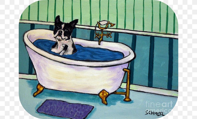 'boston Terrier Bath' Painting Print On Wrapped Canvas HomeGoods Baths, PNG, 664x494px, Boston Terrier, Bathing, Baths, Bathtub, Canada Download Free