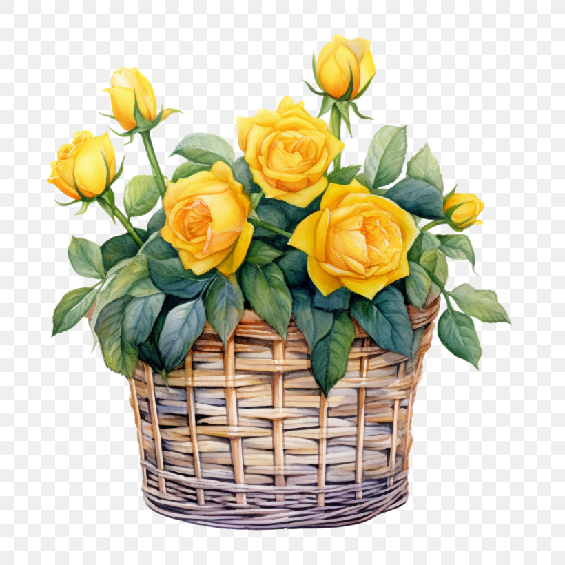 Watercolor Yellow Rose - Yellow Roses Basket Arrangement PNG